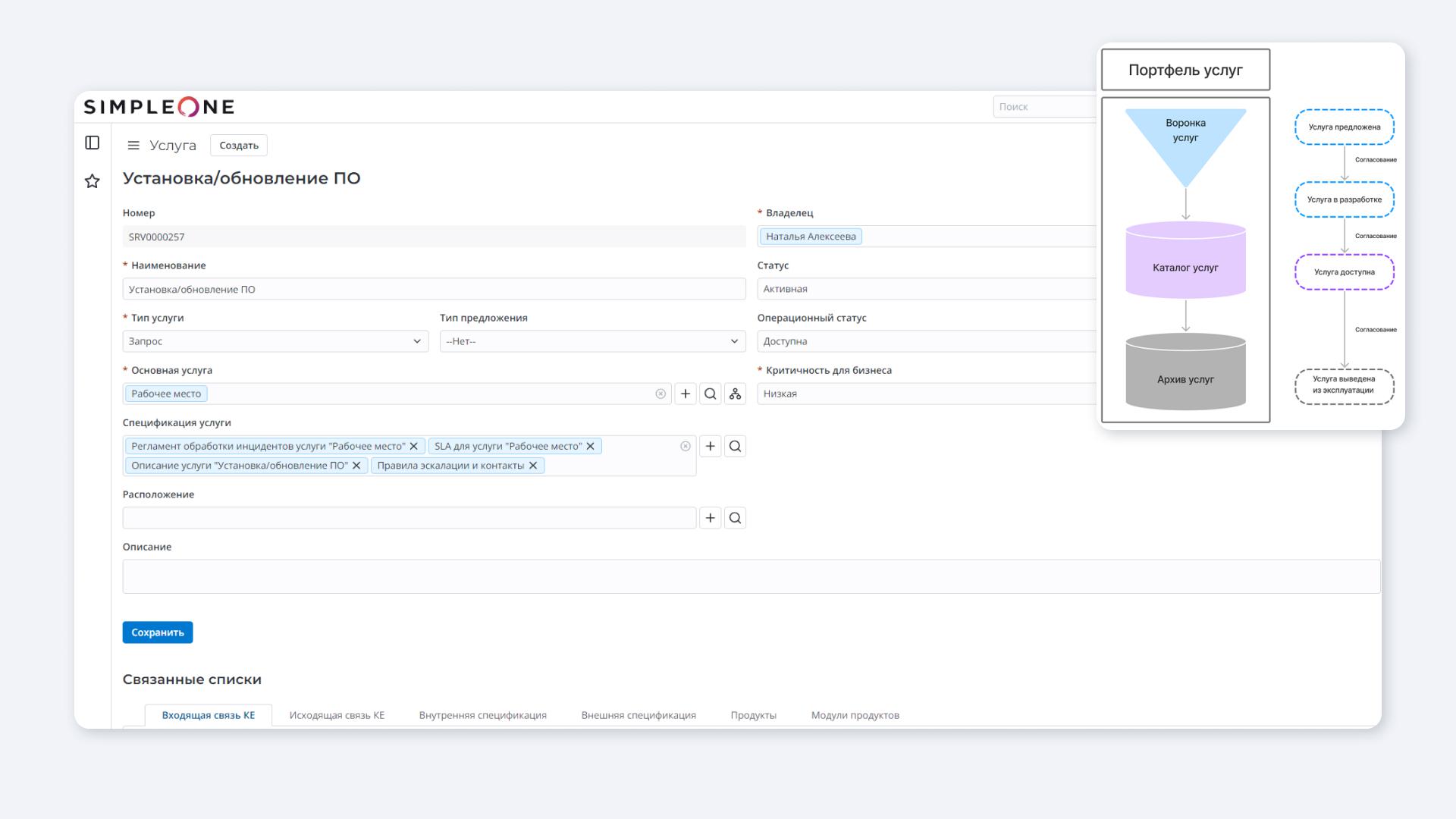 Интерфейс SimpleOne ITSM: управление портфелем и каталогом услуг