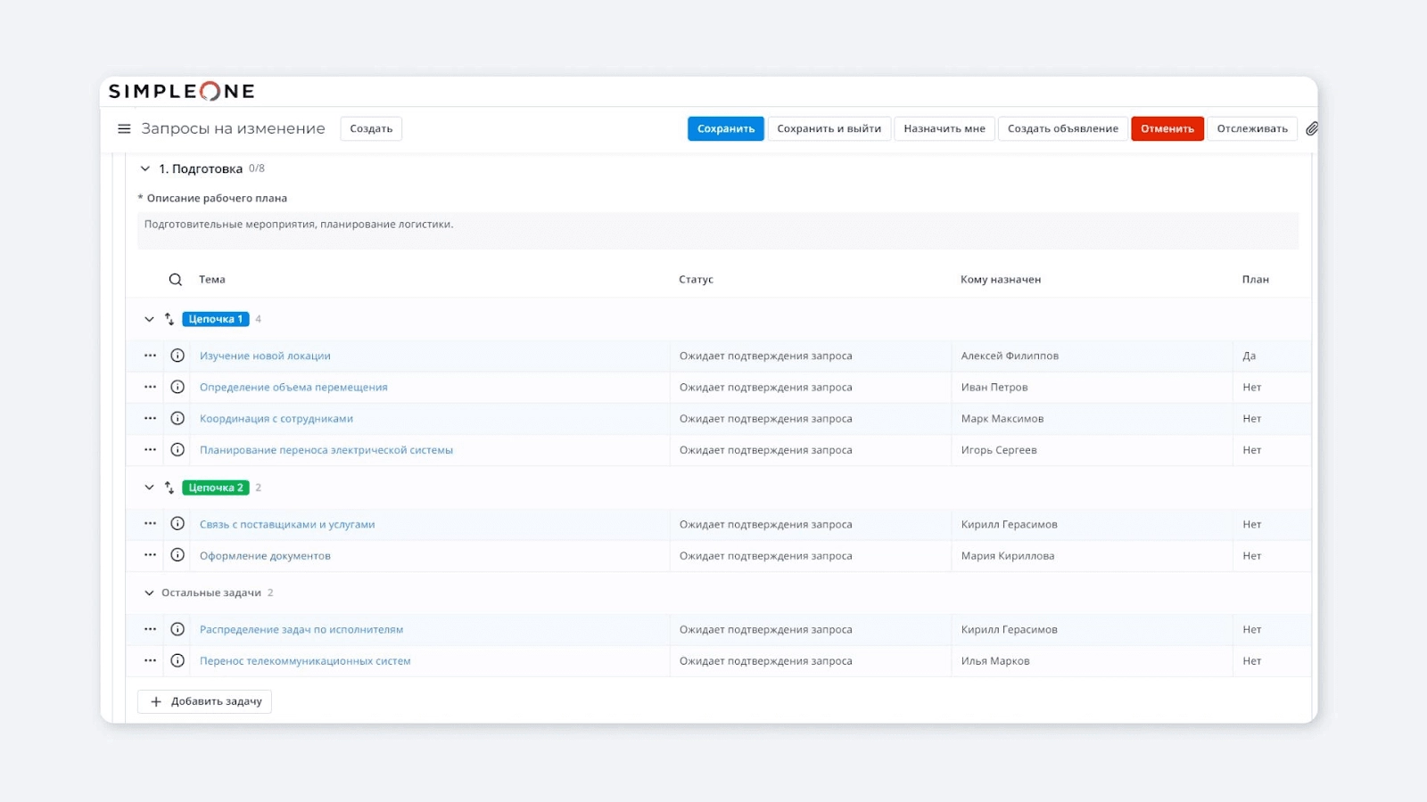 Интерфейс SimpleOne ITSM: управление изменениями