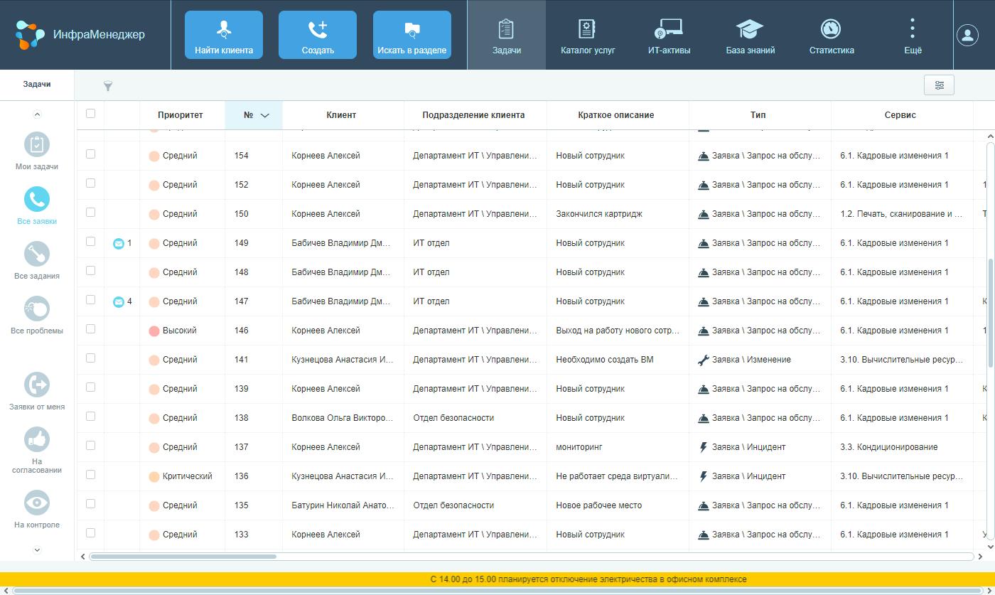 Интерфейс ИнфраМенеджер Service Desk