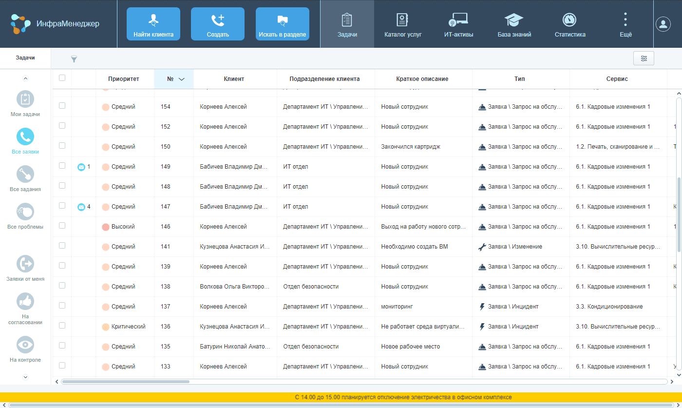 Интерфейс ИнфраМенеджер Service Desk
