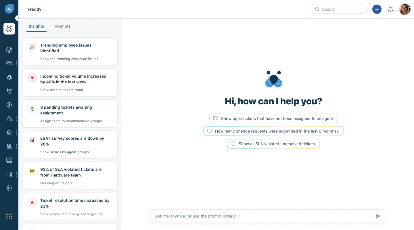 Интерфейс Freshservice (Freddy AI)